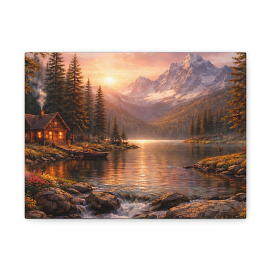 Mountain Lake Cabin Matte Canvas Print — Sunset Landscape Wall Art
